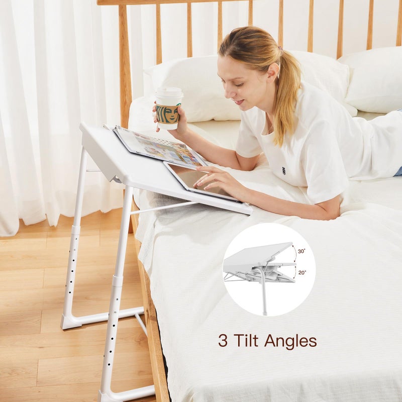 HUANUO Adjustable TV Tray Table - TV Dinner Tray on Bed & Sofa, Comfortable Folding Table with 6 Height & 3 Tilt Angle Adjustments (White) - Image 3